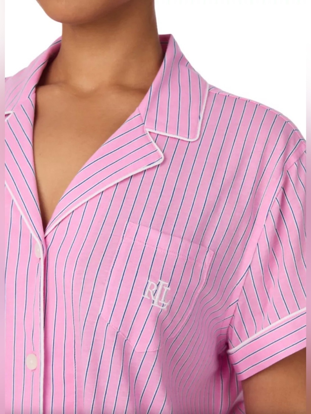 Ralph Lauren Pink and Navy Striped Cotton Short Sleeve Notch Collar Bermuda PJ